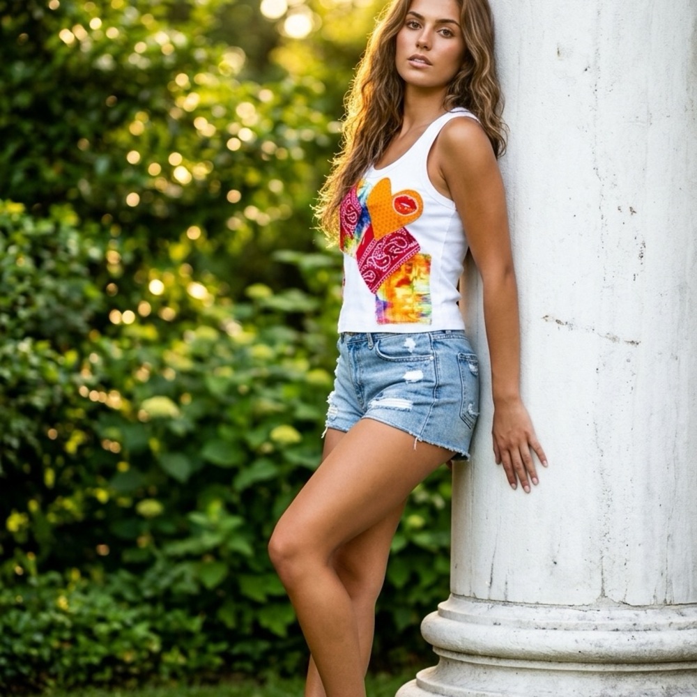 Dash Theory handmade White Sleeveless Patchwork Graphic Tank Top size Large